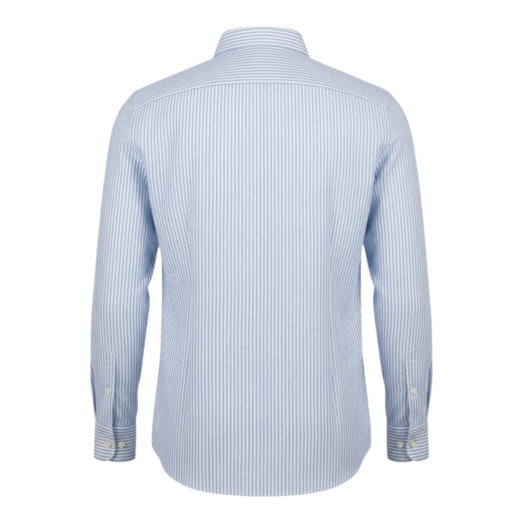 Camicia Manica Lunga Custom Fit 100%Lino Rigata Celeste-Bianco Washed