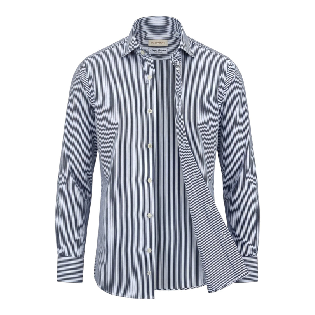 Camicia Manica Lunga Custom Fit Cotone Rigata Blu-Bianco