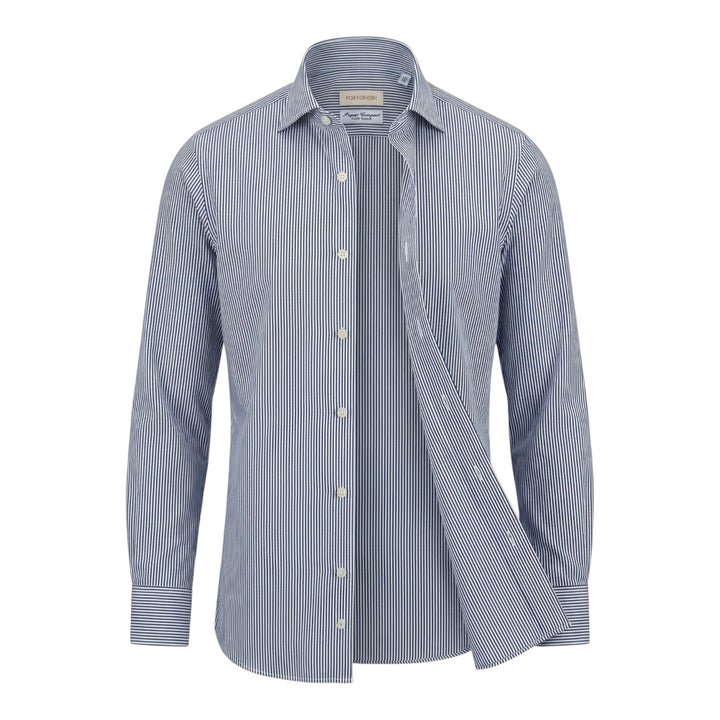 Camicia Manica Lunga Custom Fit Cotone Rigata Blu-Bianco