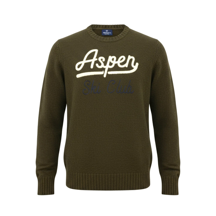 CREW NECK WOOL SWEATER WITH ASPEN GREEN EMBROIDERY