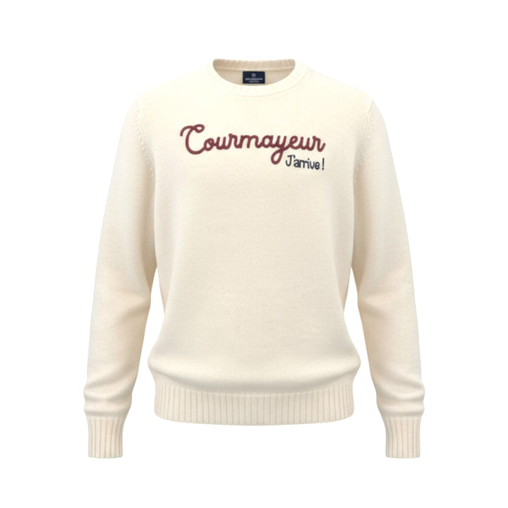 CREW NECK WOOL SWEATER WITH COURMAYEUR EMBROIDERY IN CREAM