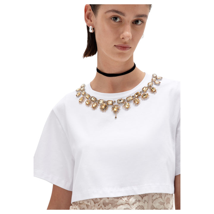 T-SHIRT JERSEY RICAMO E PIZZO BIANCO