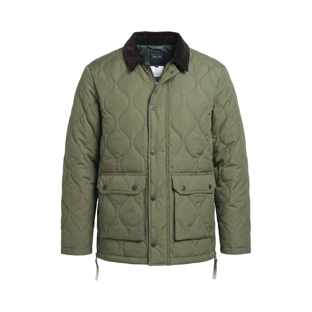 Military Bal Collar Down Jacket in tessuto trapuntato verde Taion, vista frontale