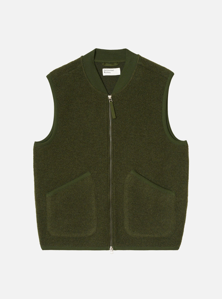 Universal Works Zip Waistcoat Wool Fleece Olive Verde - foto 1