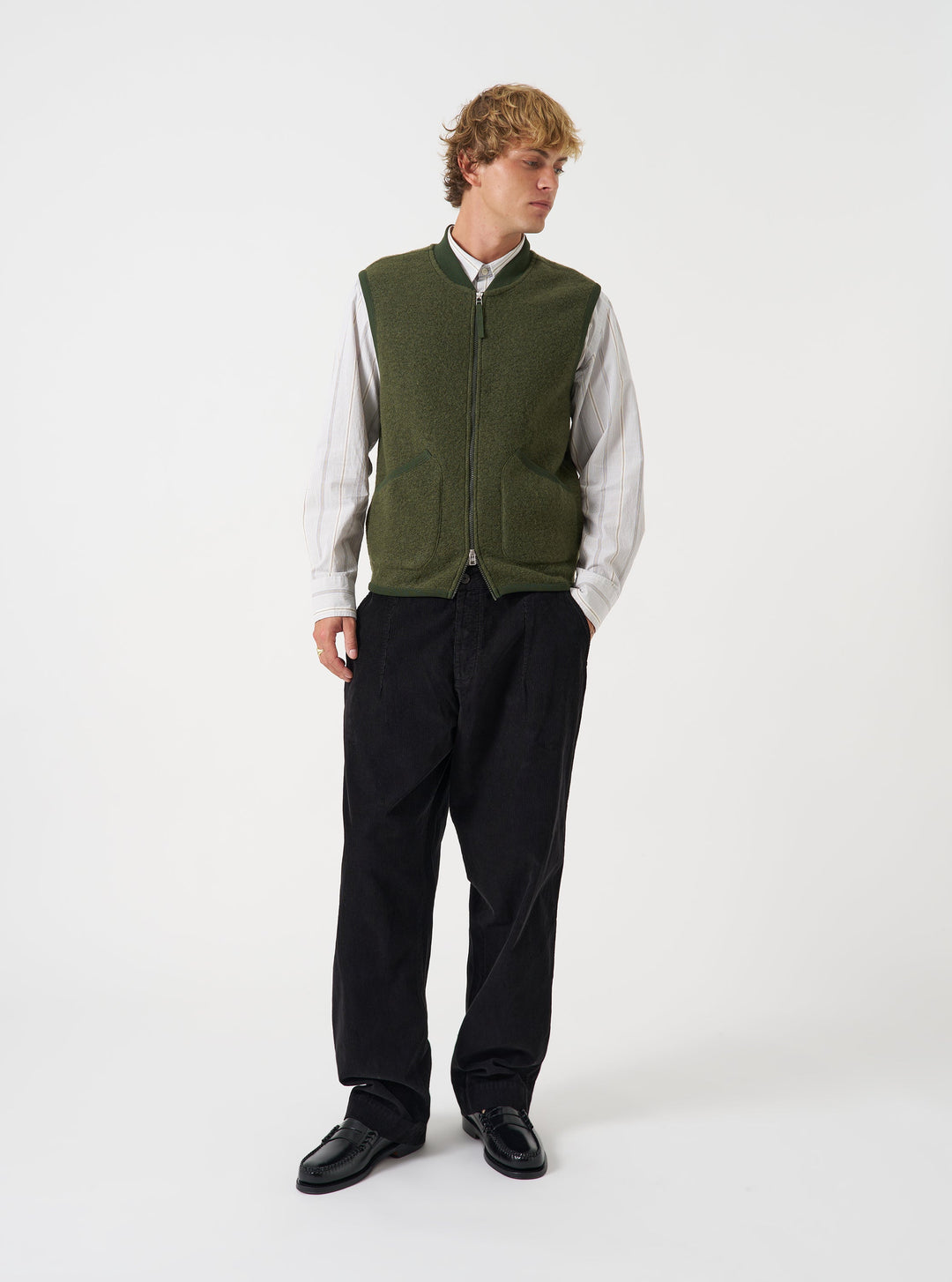 Universal Works Zip Waistcoat Wool Fleece Olive Verde - foto 2