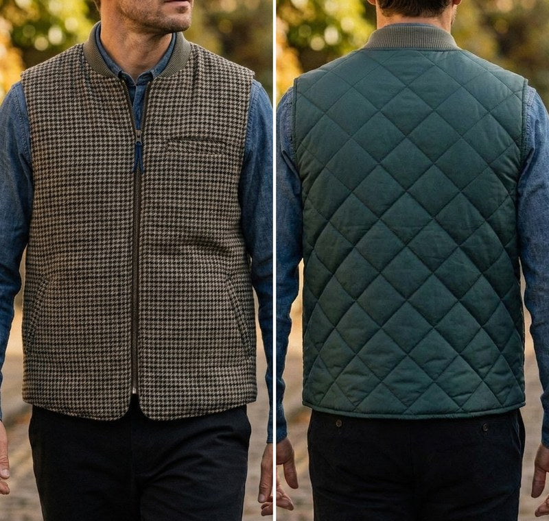 Wendeweste von Bl'ker Vintage, auf beide Arten getragen: links die Hahnentritt-Seite, rechts die grüne, rautengesteppte Seite von hinten.